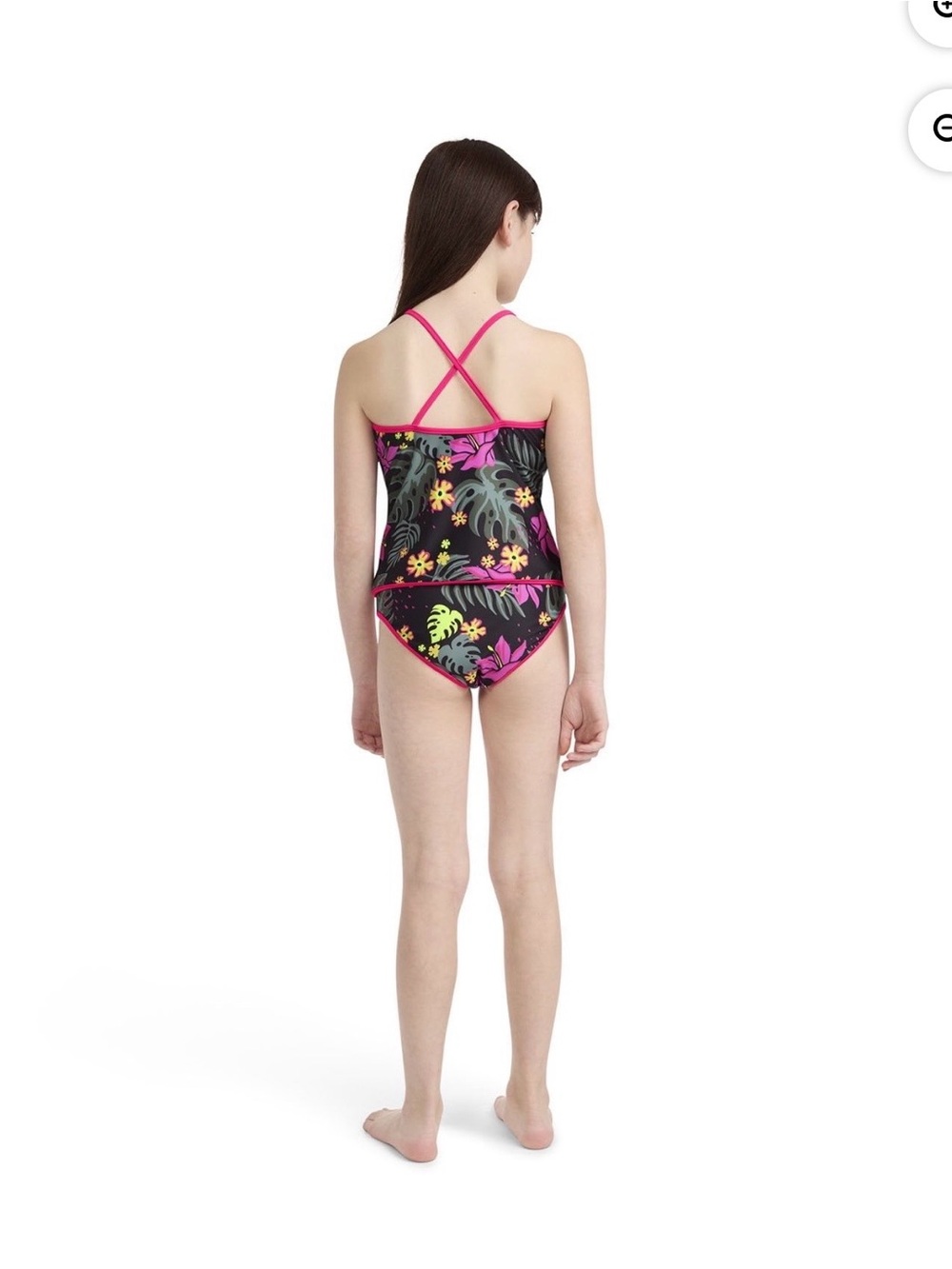 Hurley Girls Black Tropical Floral Tankini with Neon Pink Trim - Picture 3 of 8